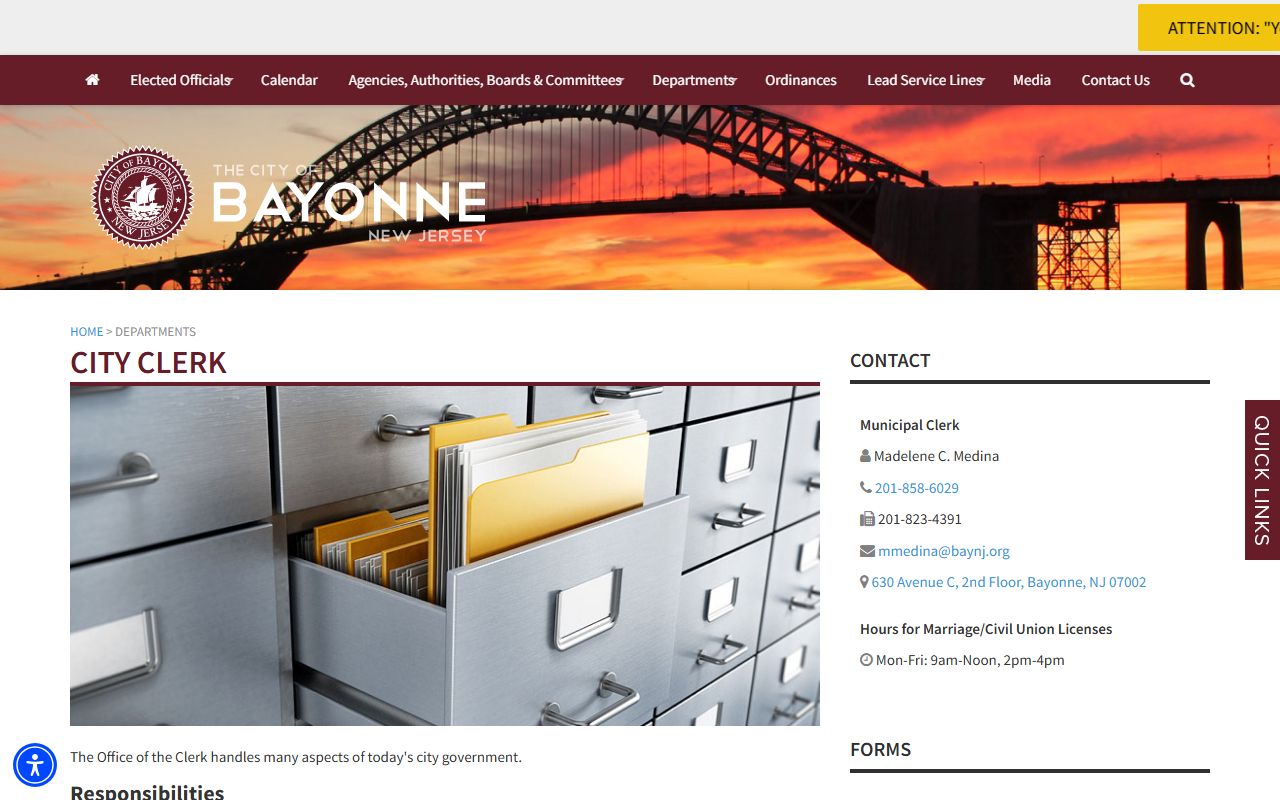Bayonne city clerk department page for vital records and public documents