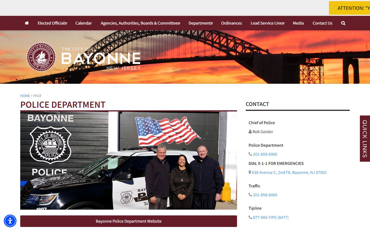 Bayonne Police Department page for police records and OPRA requests