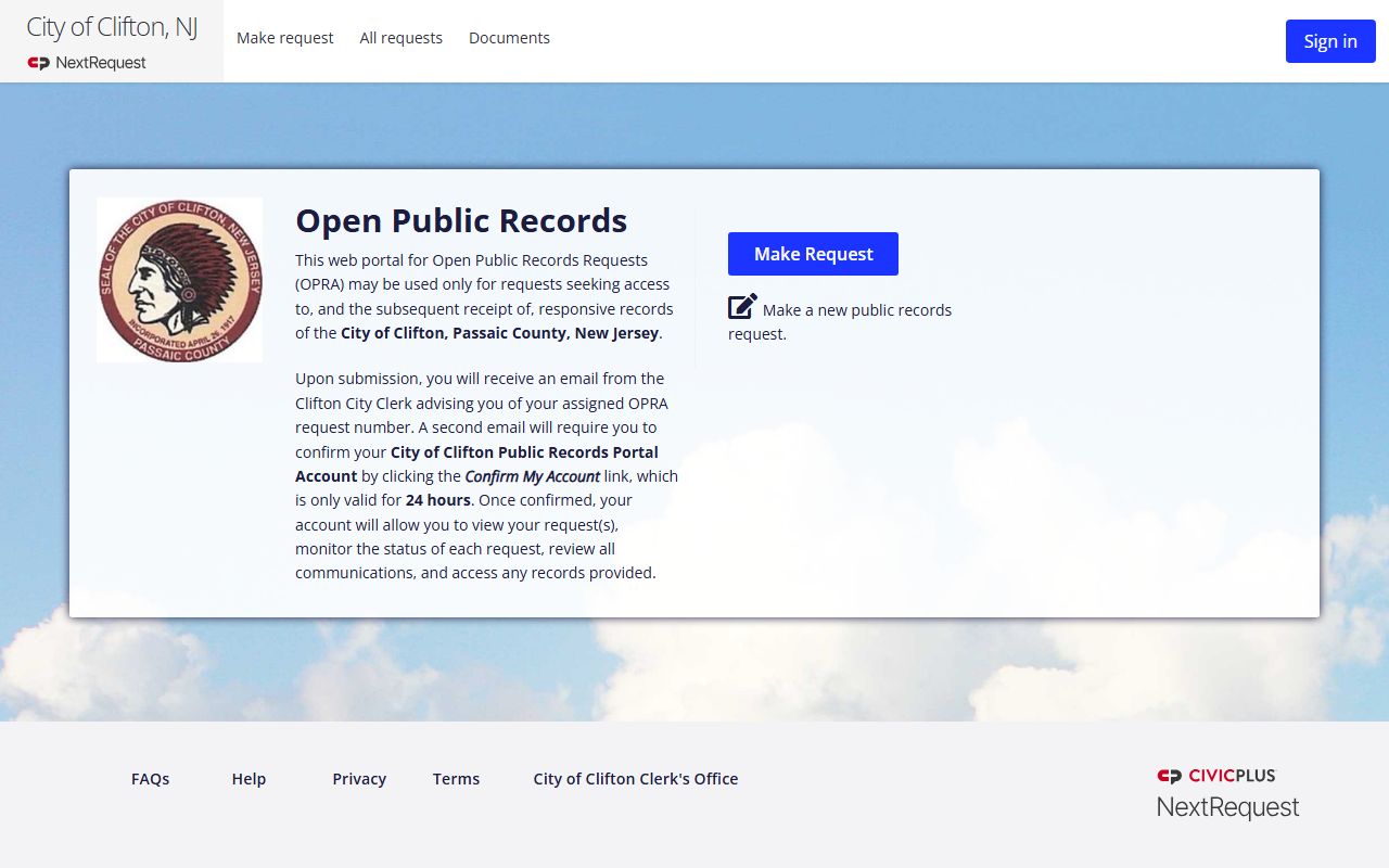 Clifton OPRA portal for submitting public records requests online