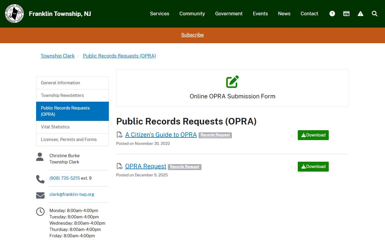 Franklin Township OPRA request page for public records