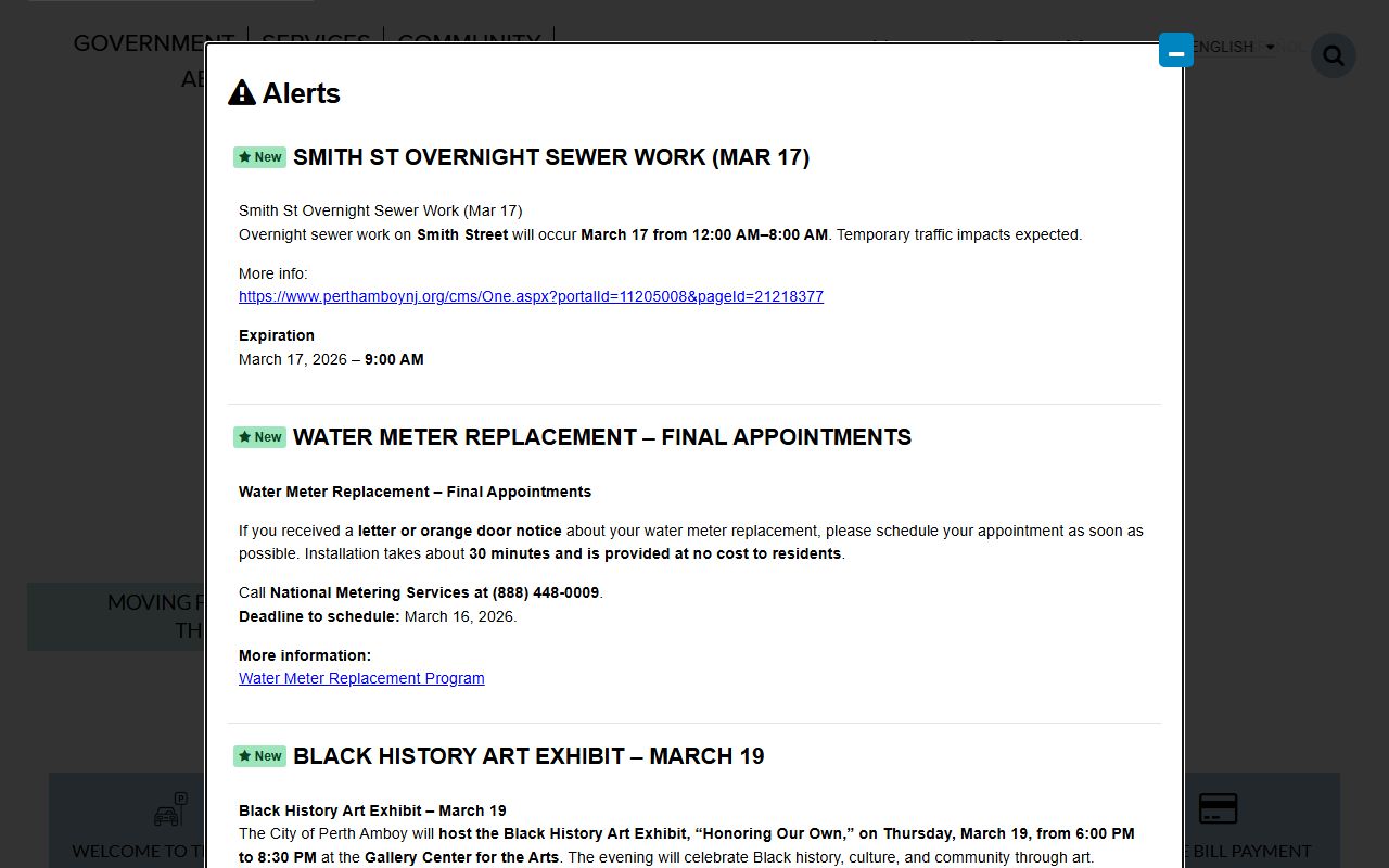 Perth Amboy city website showing clerk office services and public records access