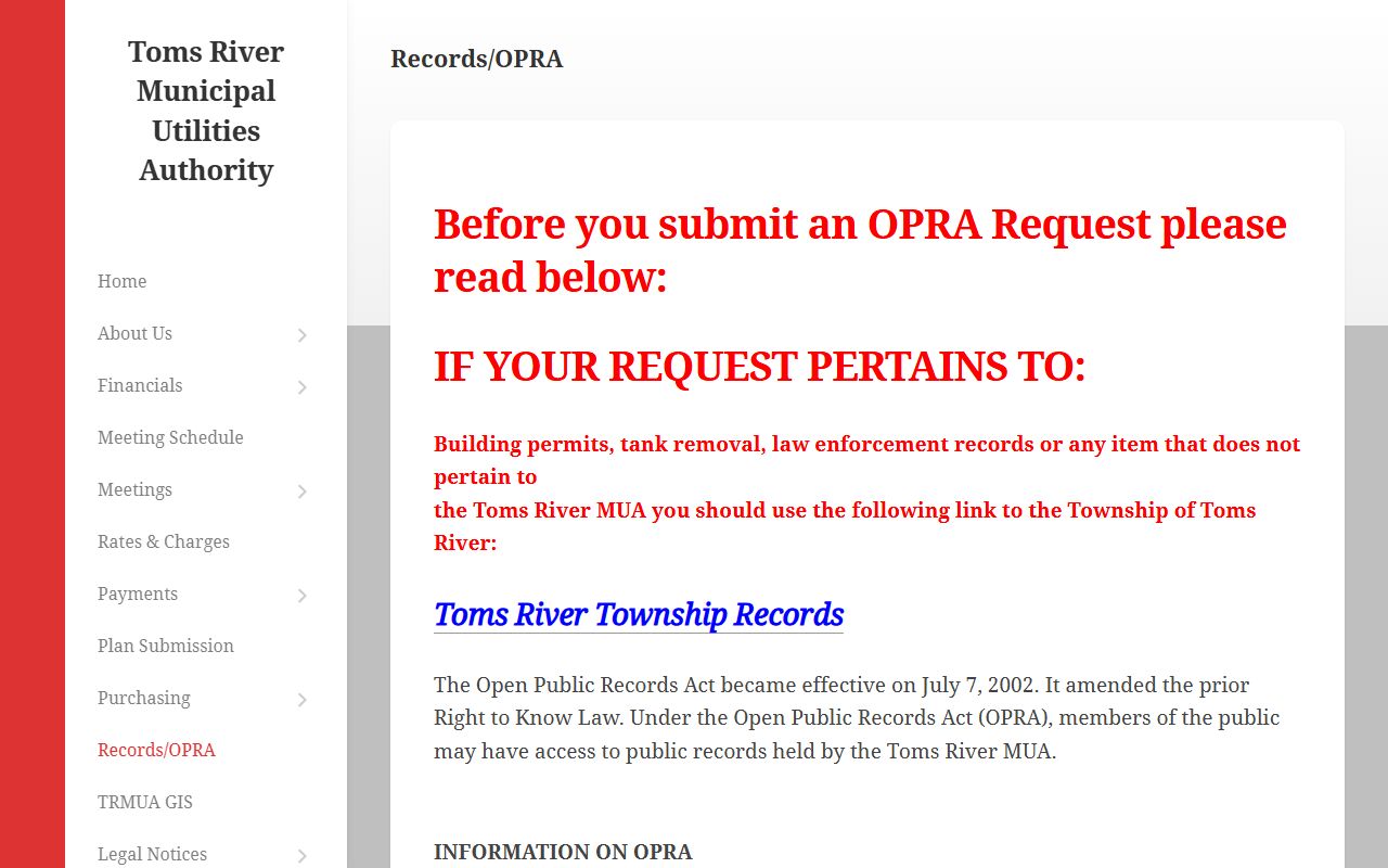 Toms River Township OPRA public records