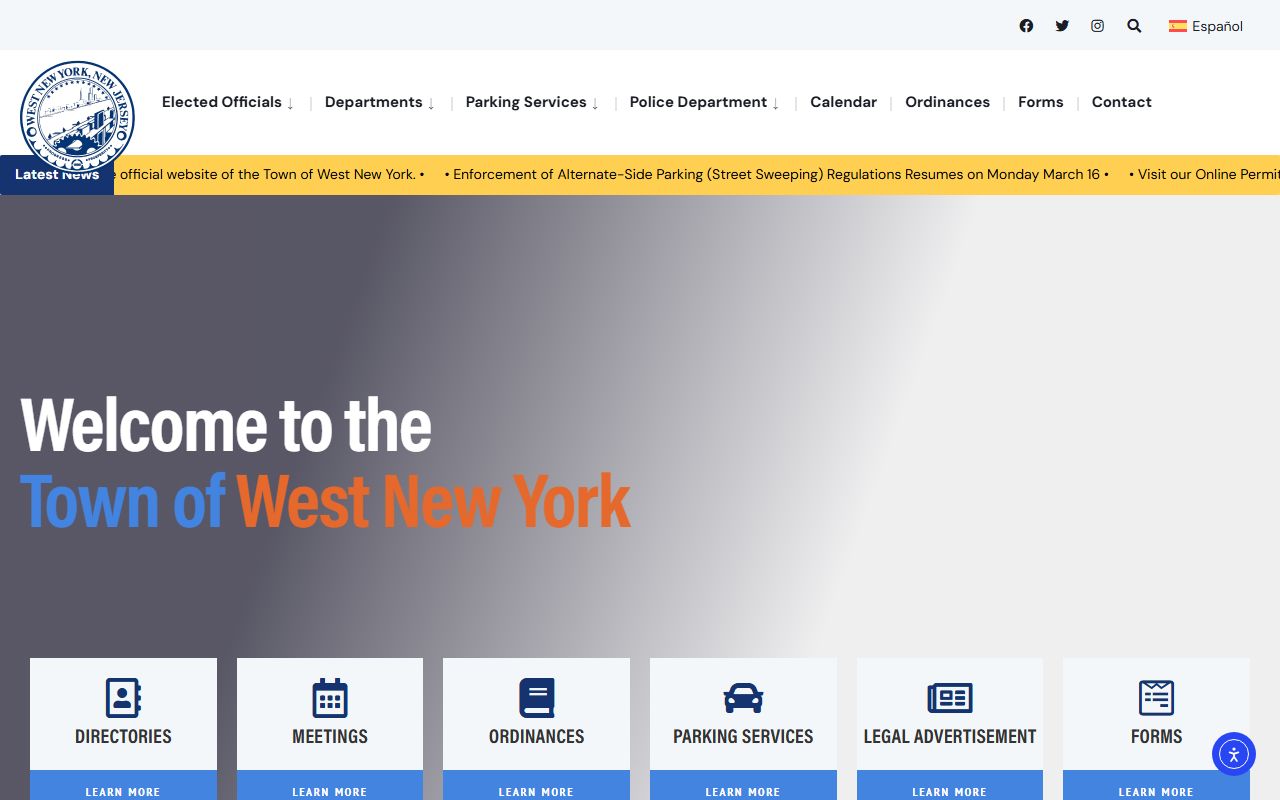 West New York town website showing clerk services and public records access