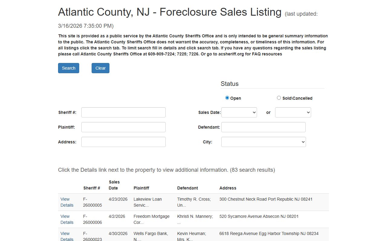 Atlantic County foreclosure sales listing for public records