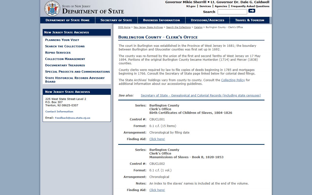 Burlington County historical records at the State Archives for public records research