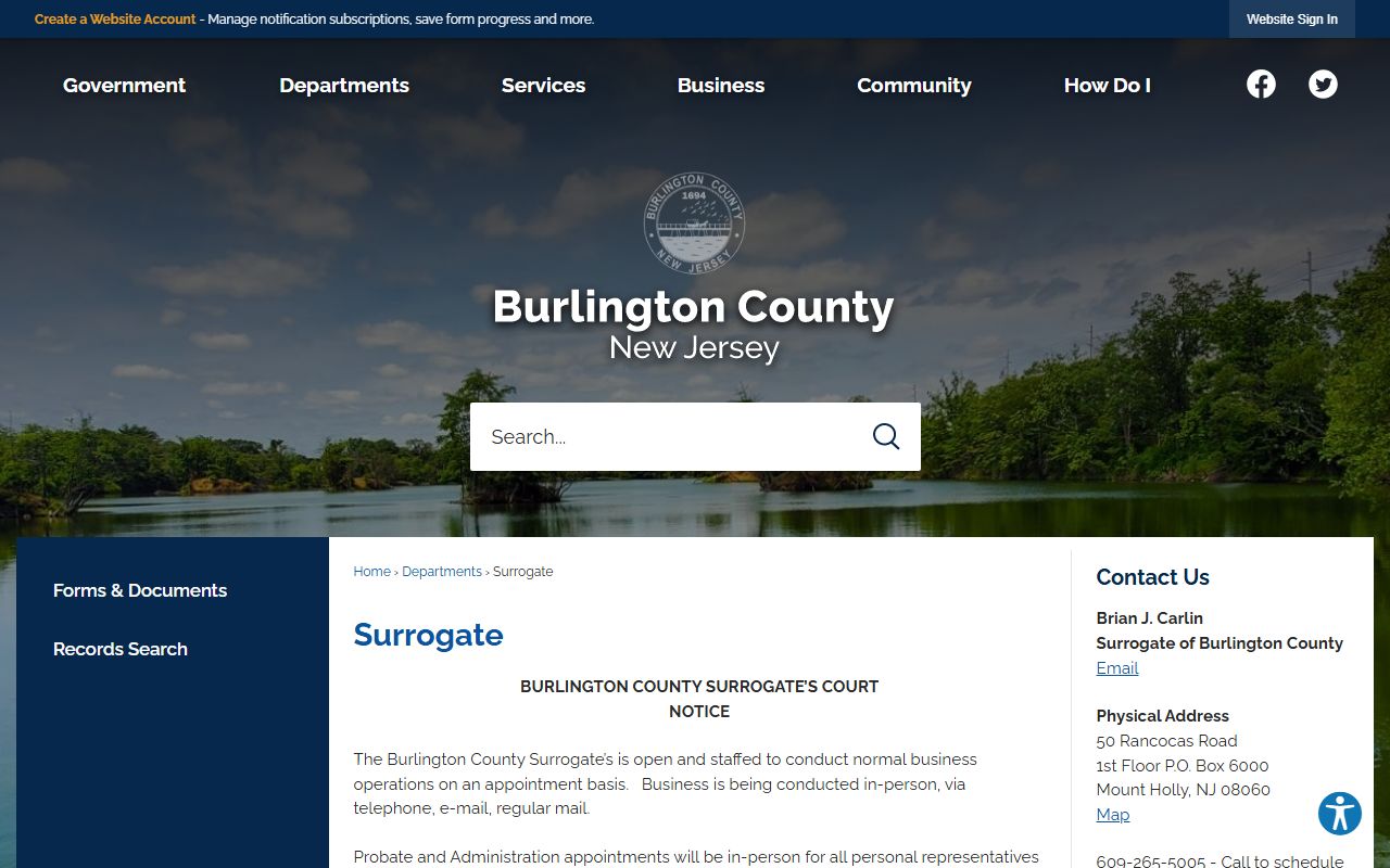 Burlington County Surrogate office page for public records