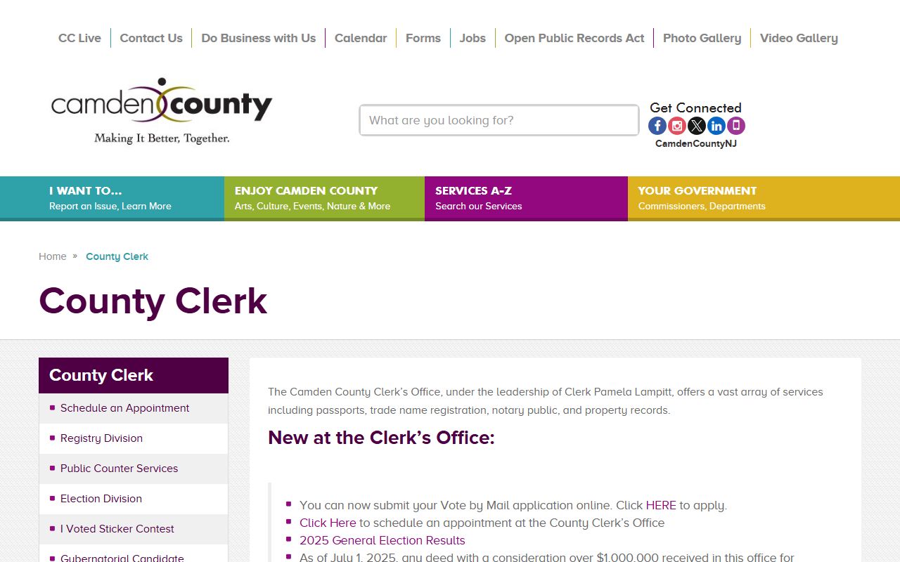 Camden County Clerk office website for public records services