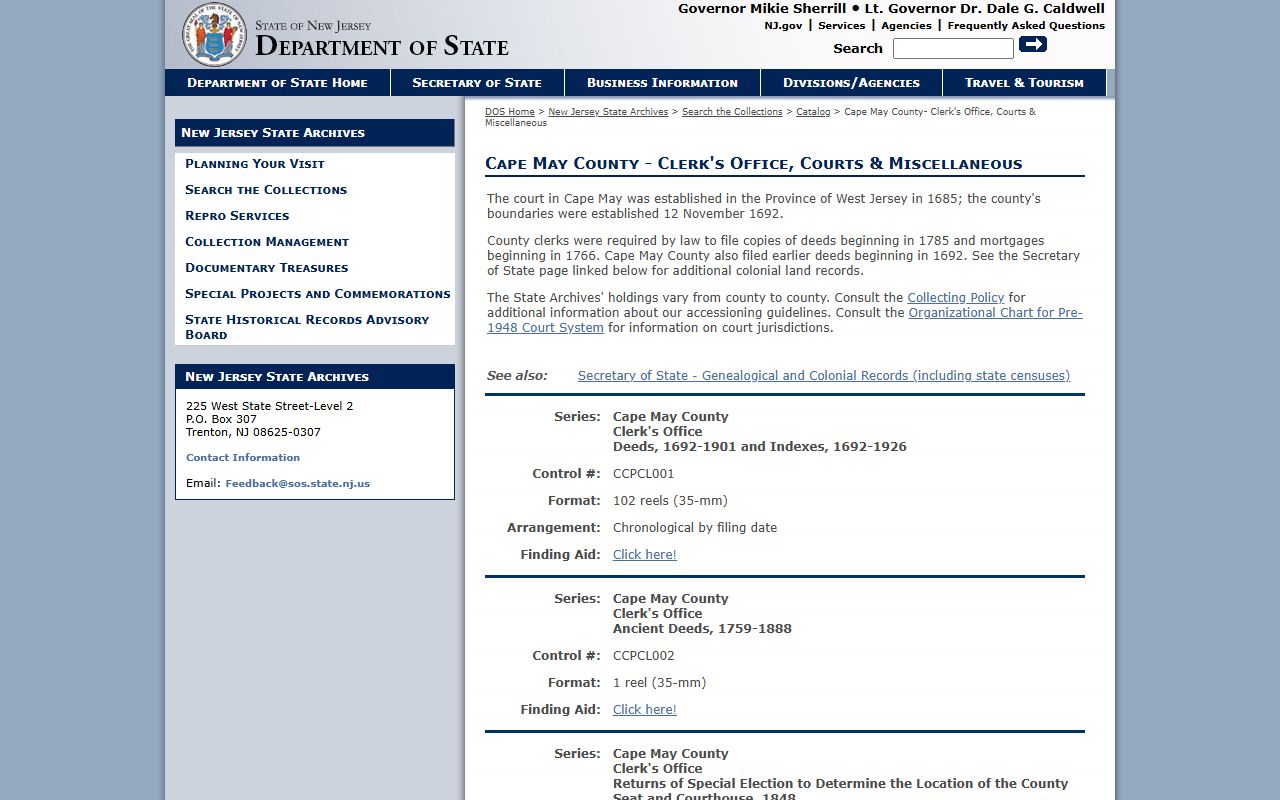 Cape May County Clerk records catalog at the State Archives for public records