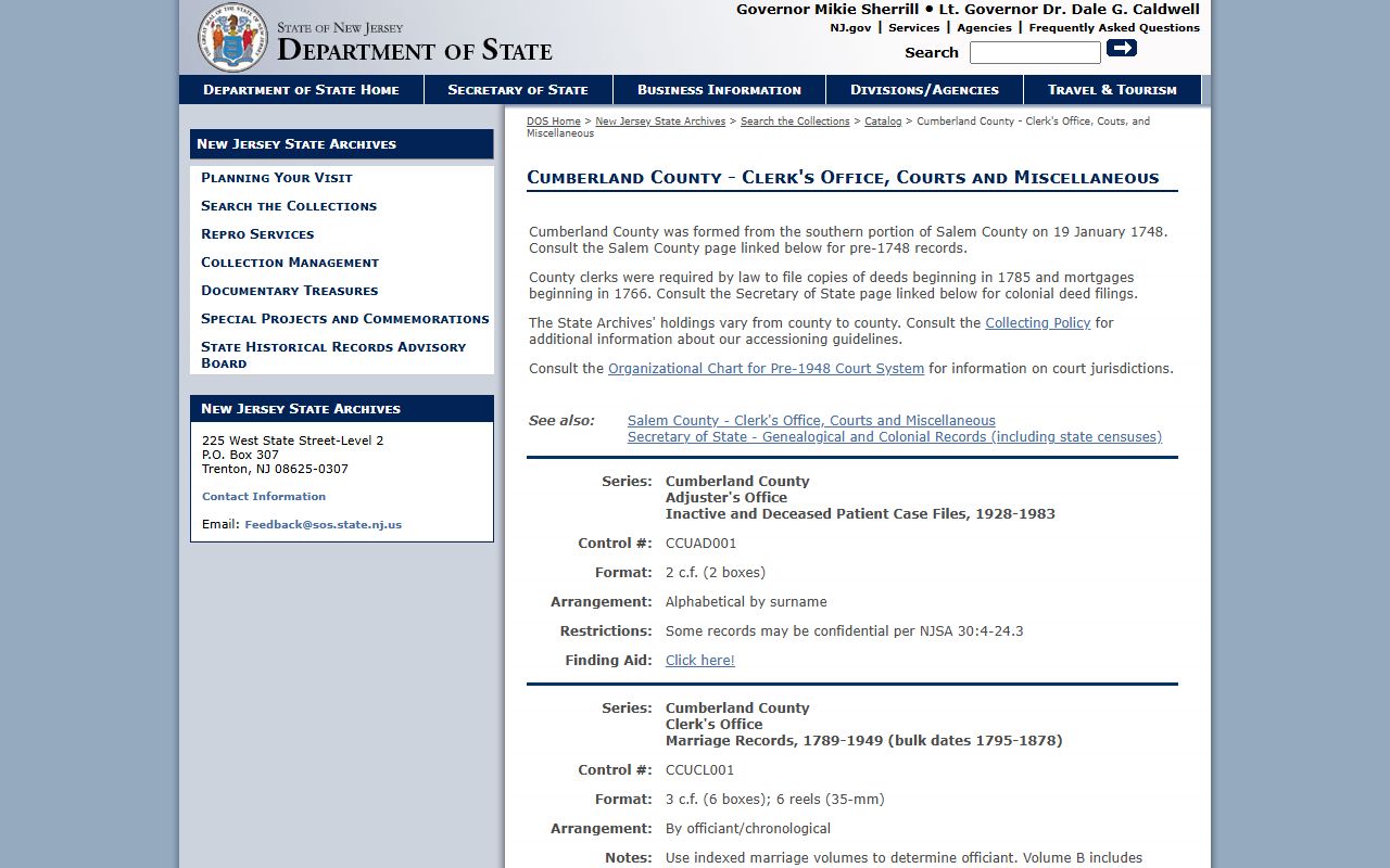 Cumberland County historical records at the State Archives for public records research