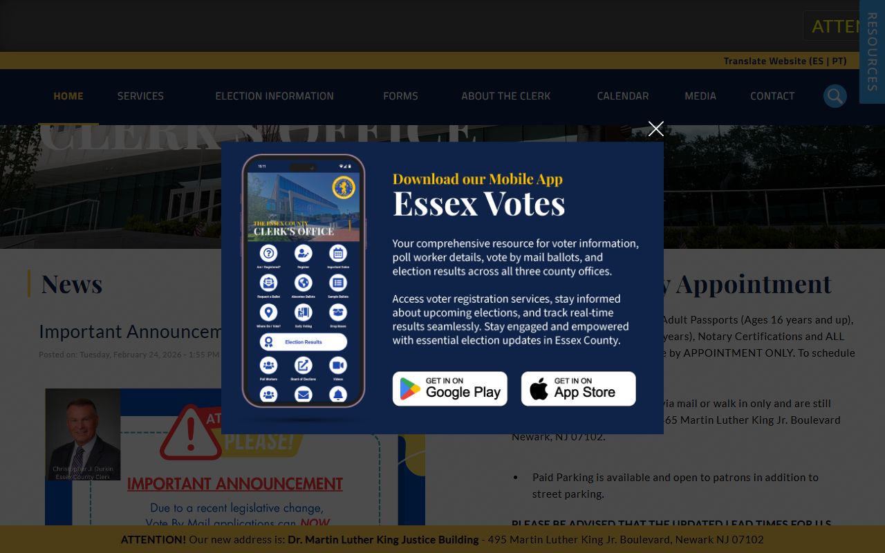 Essex County Clerk website for public records services