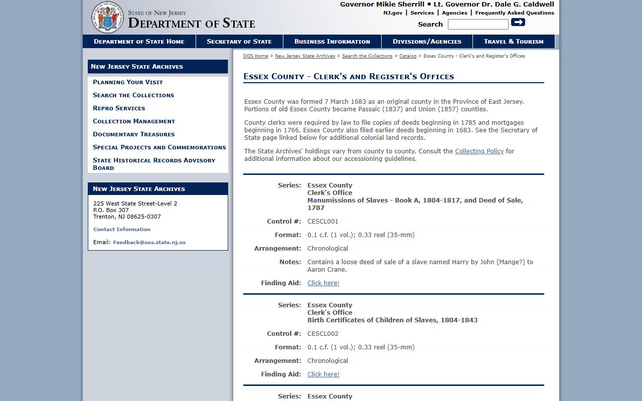 Essex County historical records at the New Jersey State Archives for public records