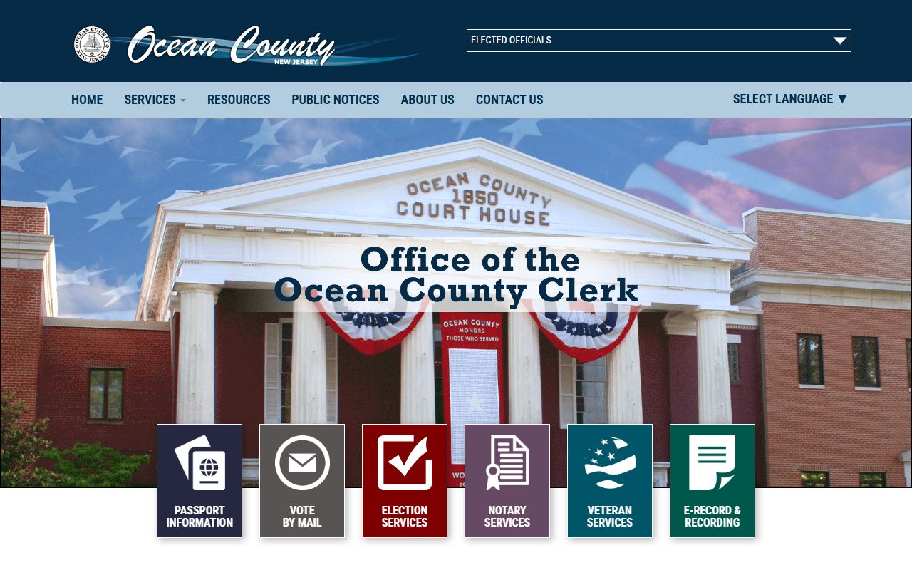 Ocean County Clerk website for accessing public records in Toms River
