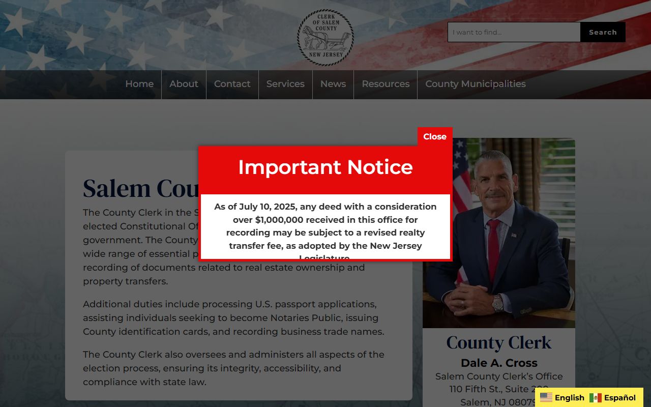 Salem County Clerk office website for public records access