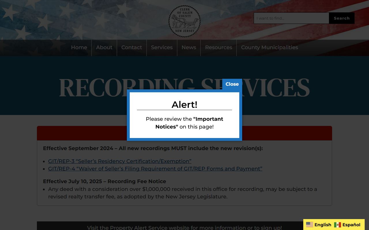 Salem County Clerk recording services page for filing public records