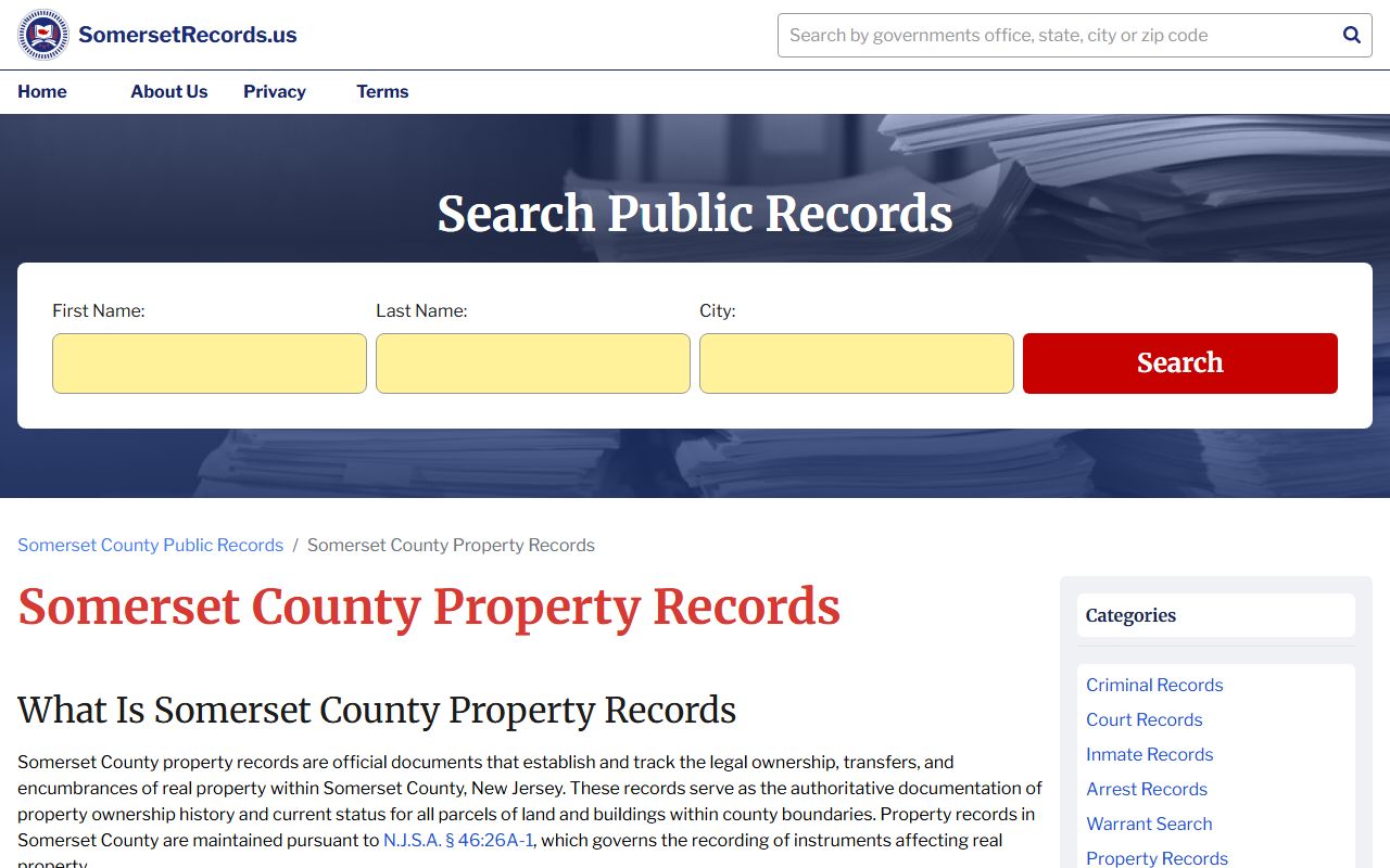Somerset County property records search page for public access