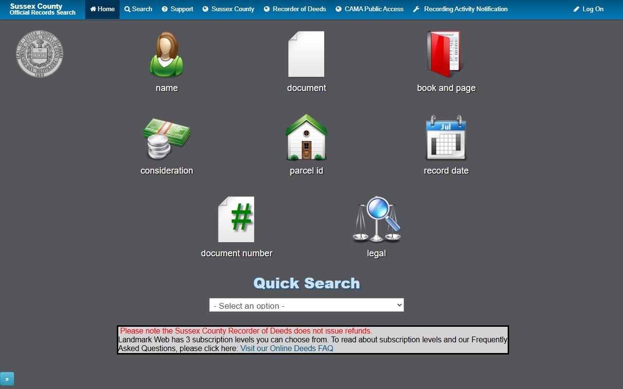 Sussex County Landmark Web portal for online document searches