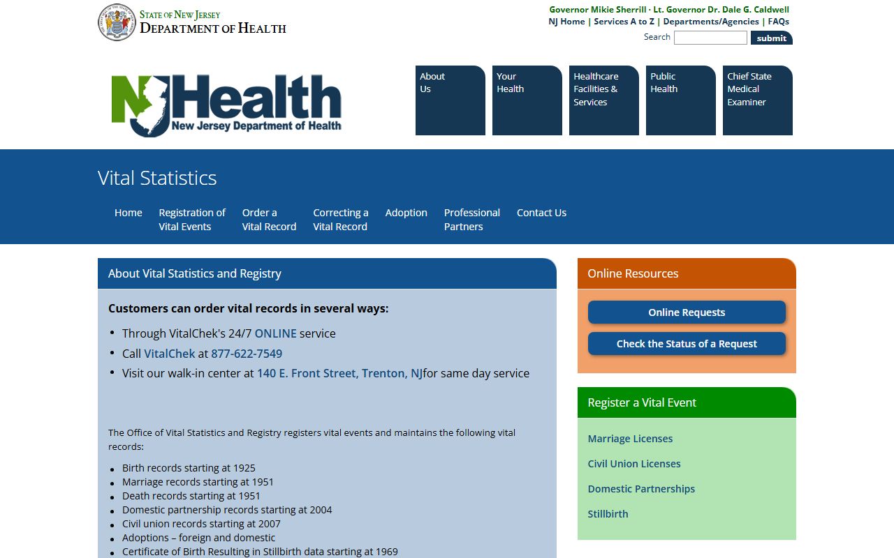New Jersey Department of Health vital records page for public records