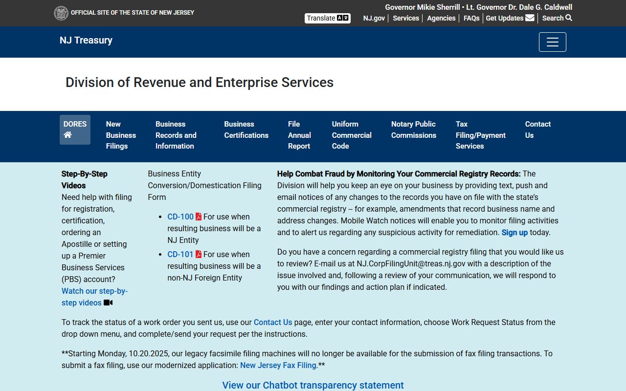 New Jersey Division of Revenue and Enterprise Services for business public records