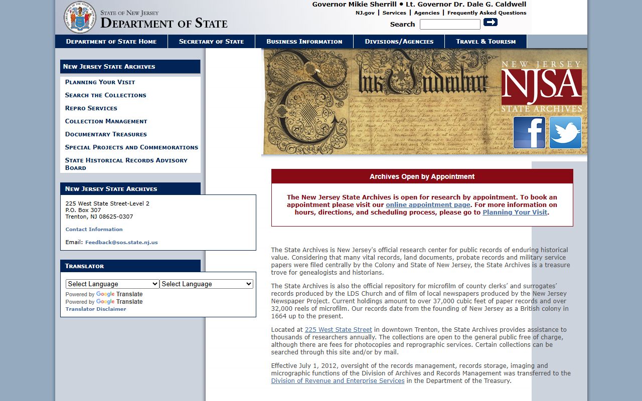 New Jersey State Archives homepage for historical public records