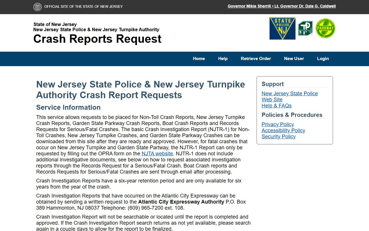 New Jersey State Police crash reports portal for public records