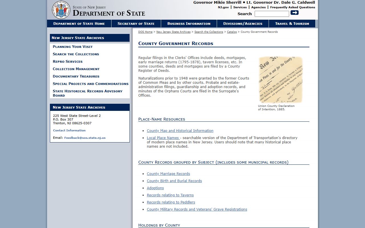 New Jersey State Archives county records page for public records research